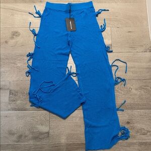 Blue Sheer Knit Pants with Slits & Side Ties